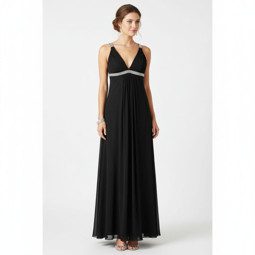 La Femme Black Embellished Empire High Waist Sleeveless Halter Maxi Long Dress 4